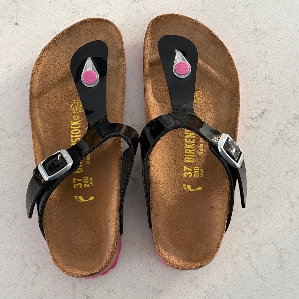 Birkenstock Black Patent Sandals with Pink Accents